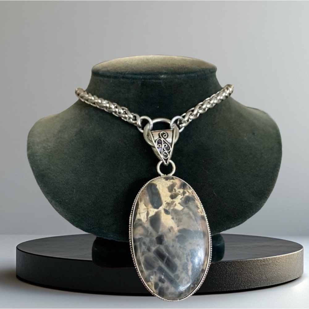 925 Sterling silver overlay marble jasper charm gemstone boho necklace - Picture 2 of 11